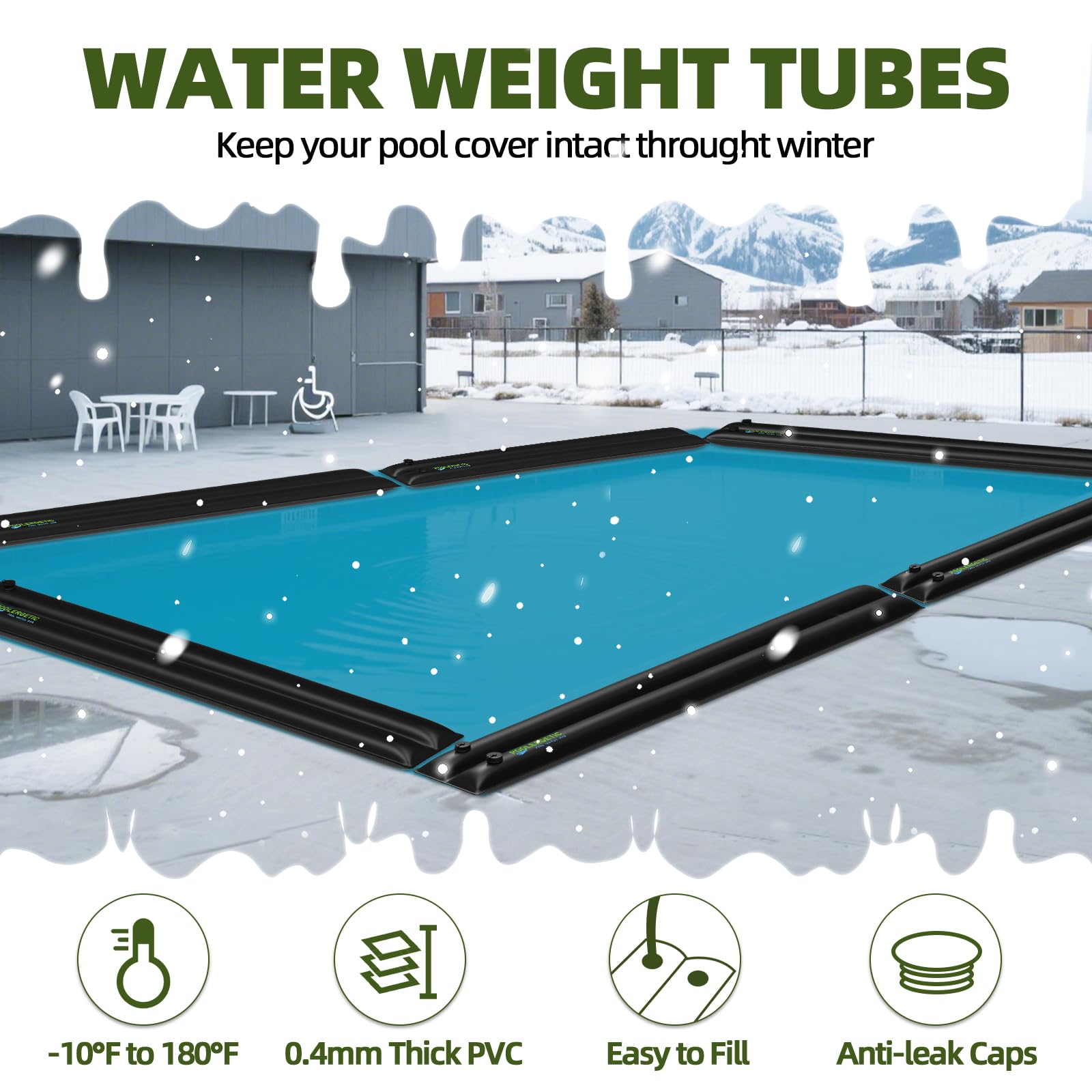 Poolergetic lifestyle shot of water bags on backyard pool cover showing winter cover protection