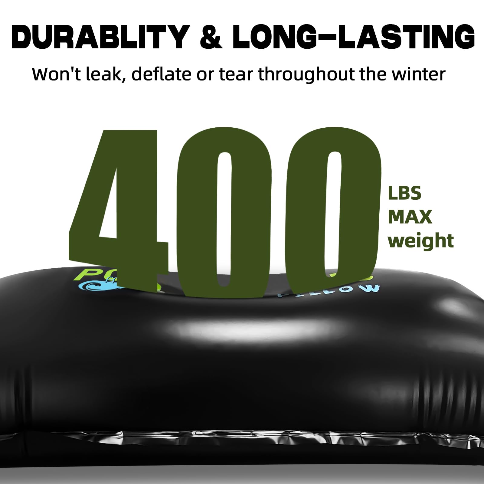 Poolergetic pillow in use under pool cover keeping ice pressure off walls
