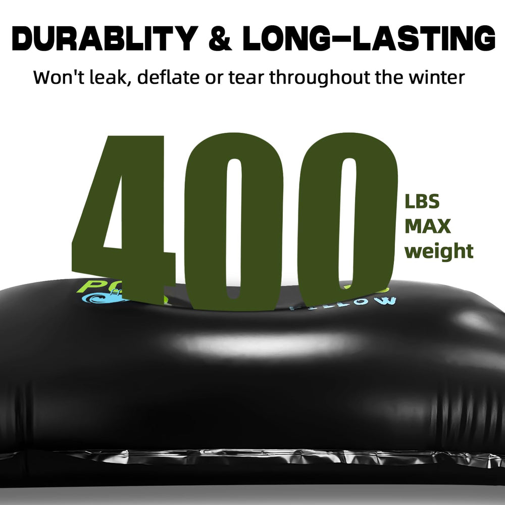 Poolergetic pillow in use under pool cover keeping ice pressure off walls