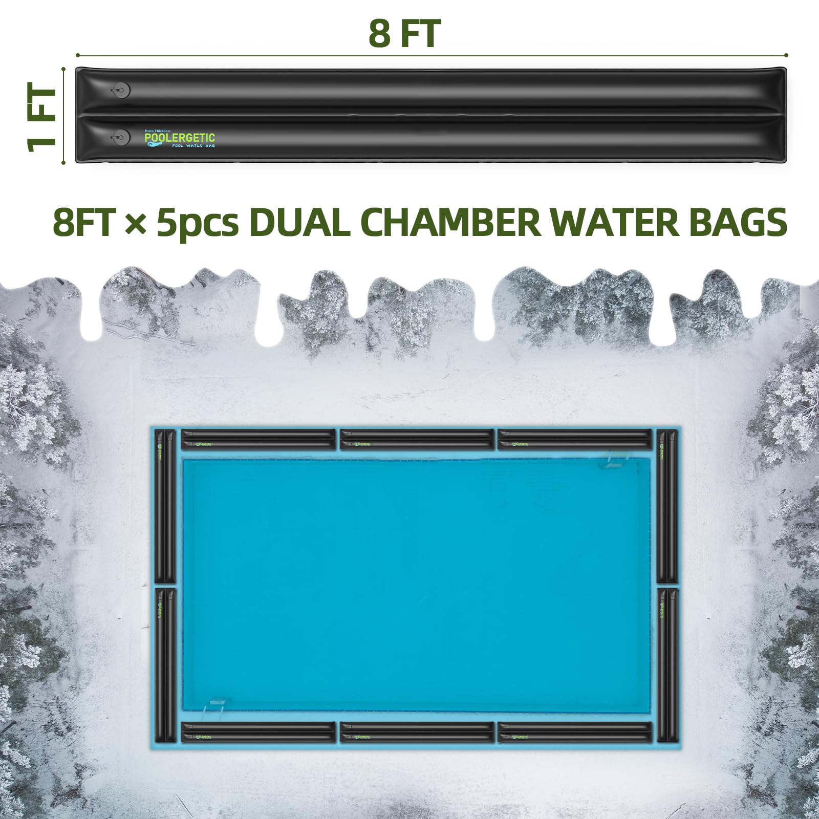 Poolergetic water bag beside garden hose showing valve size and quick-fill convenience