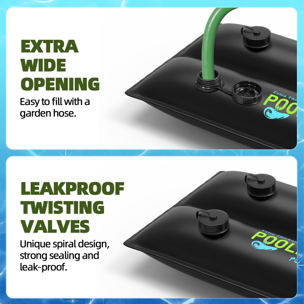 Poolergetic screw-cap valve detail showing leakproof seal and easy filling benefit