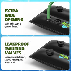 Poolergetic screw-cap valve detail showing leakproof seal and easy filling benefit