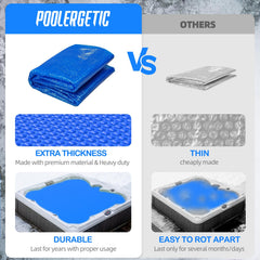 Poolergetic rolled blanket beside a measuring tape showing 84x84-inch size fit