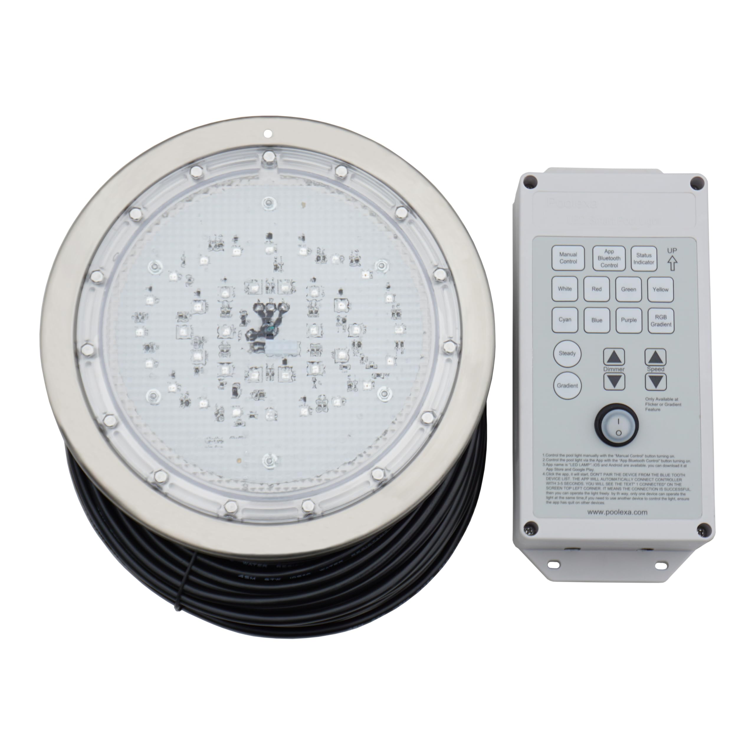 Poolexa front view stainless steel face showing sleek durable finish and bright LEDs