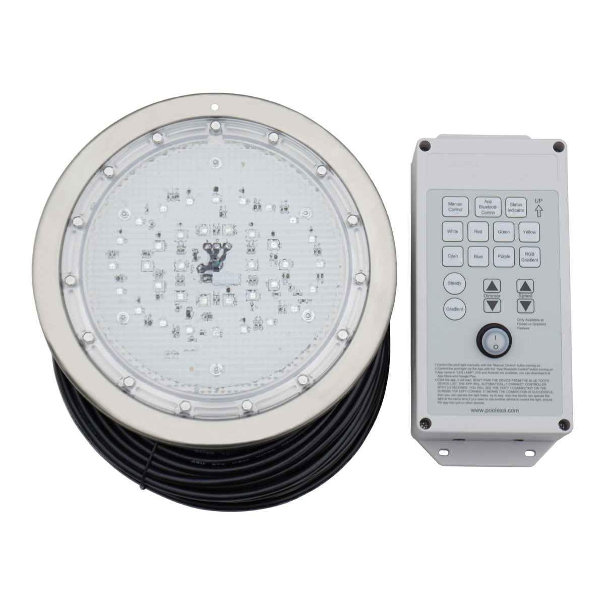 Poolexa front view stainless steel face showing sleek durable finish and bright LEDs