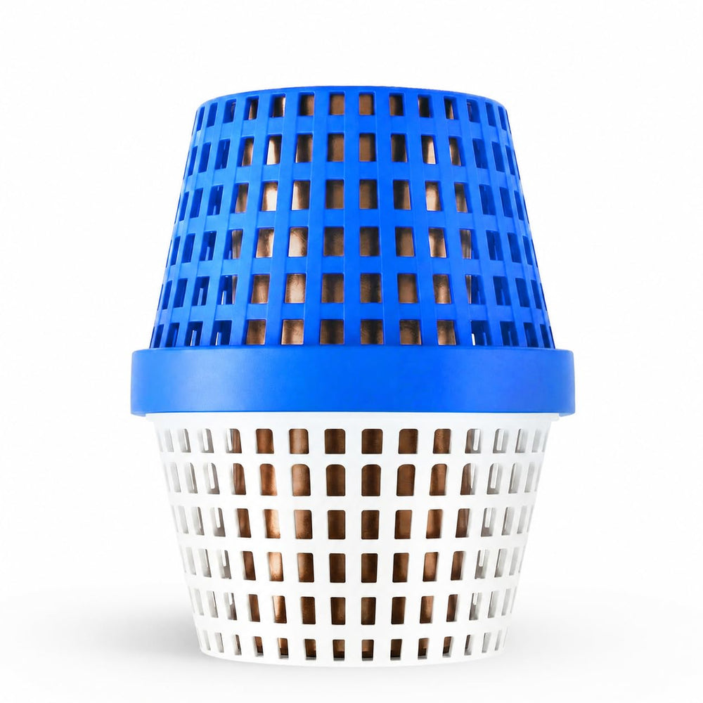 PoolFilter X front view showing blue white housing and easy-install design benefit