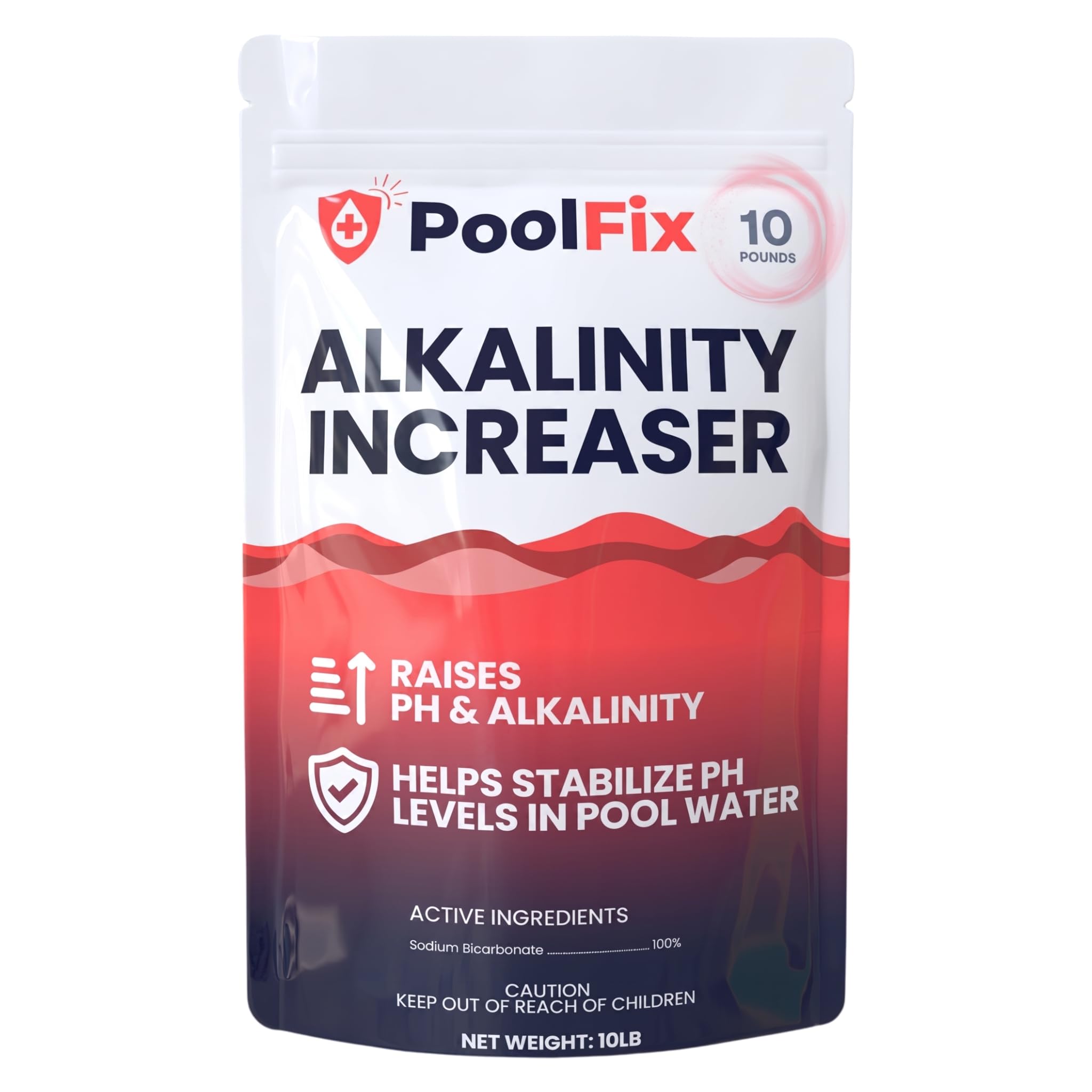 PoolFix 10 lb bucket front showing packaging and easy-grip handle for convenient storage