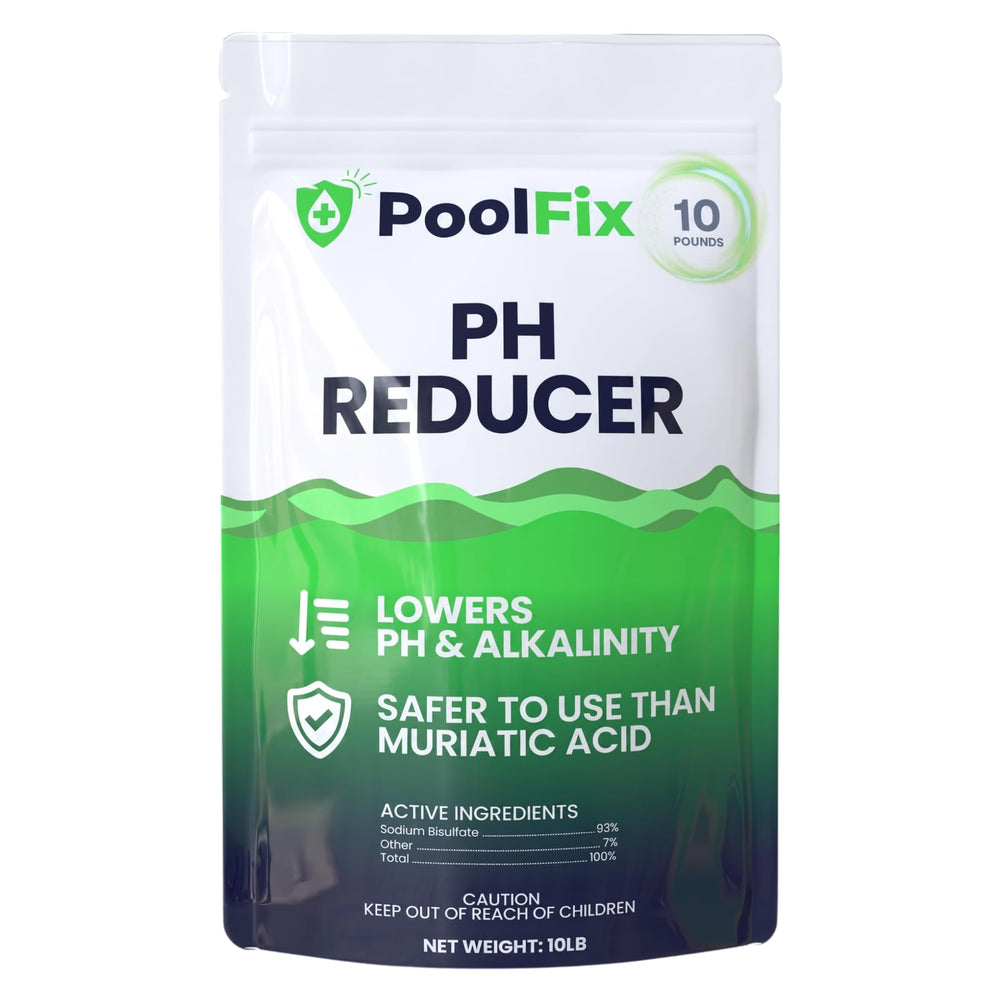 PoolFix 10 lb bag front view showing label and benefits for safe pH reduction
