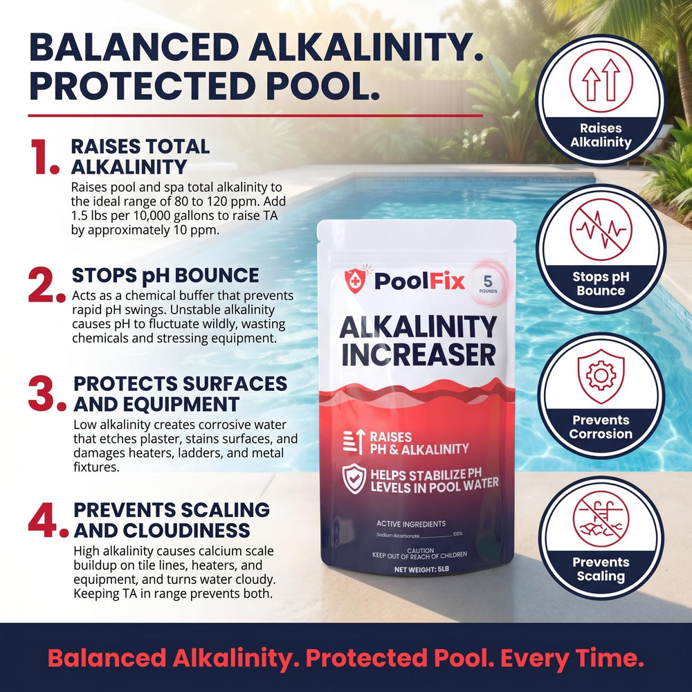 Label detail on PoolFix bucket highlighting usage directions and purity information for safety
