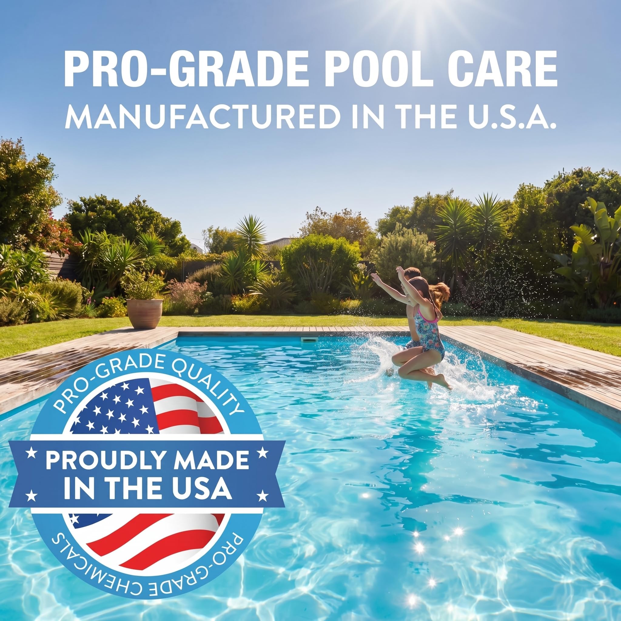 poolside scene with PoolFix bag and clear water illustrating balanced results