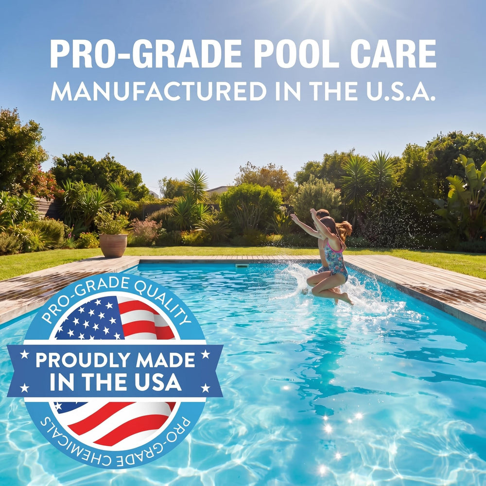 PoolFix bucket beside pool ladder in lifestyle scene showing balanced water and user confidence