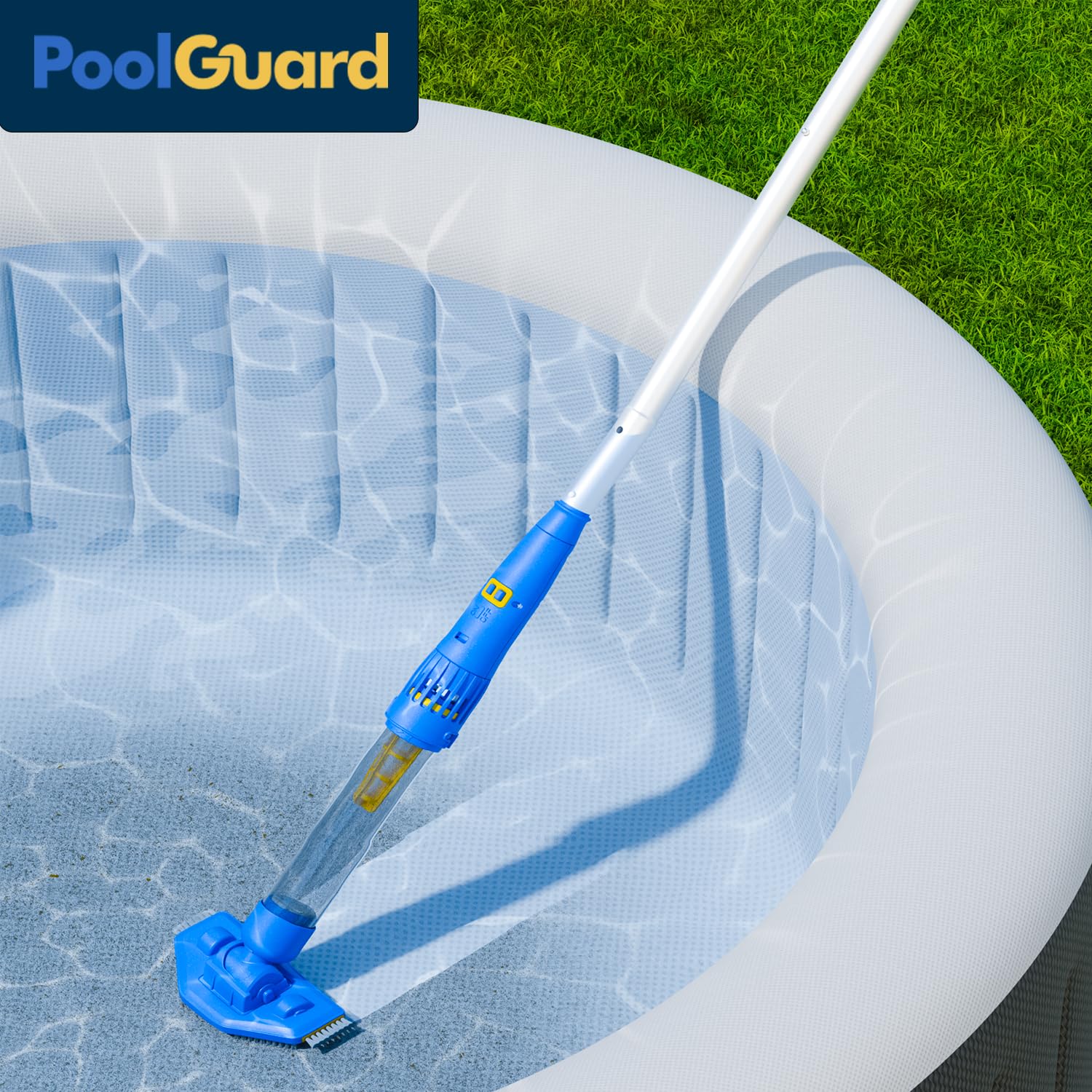 PoolGuard vacuum beside backyard pool showing convenient cordless maintenance