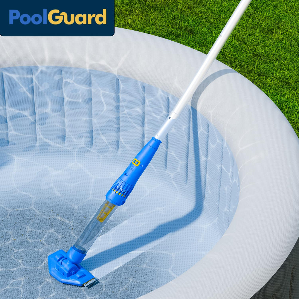 PoolGuard vacuum beside backyard pool showing convenient cordless maintenance