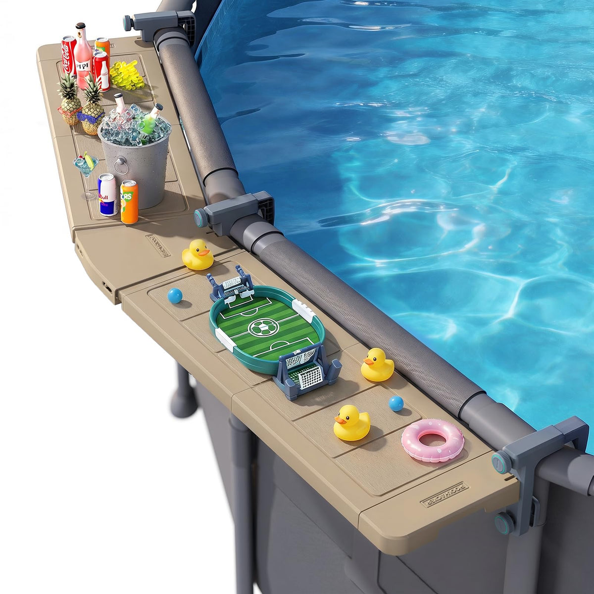POOLHACKER front view showing brown poolside bar and stable surface benefit
