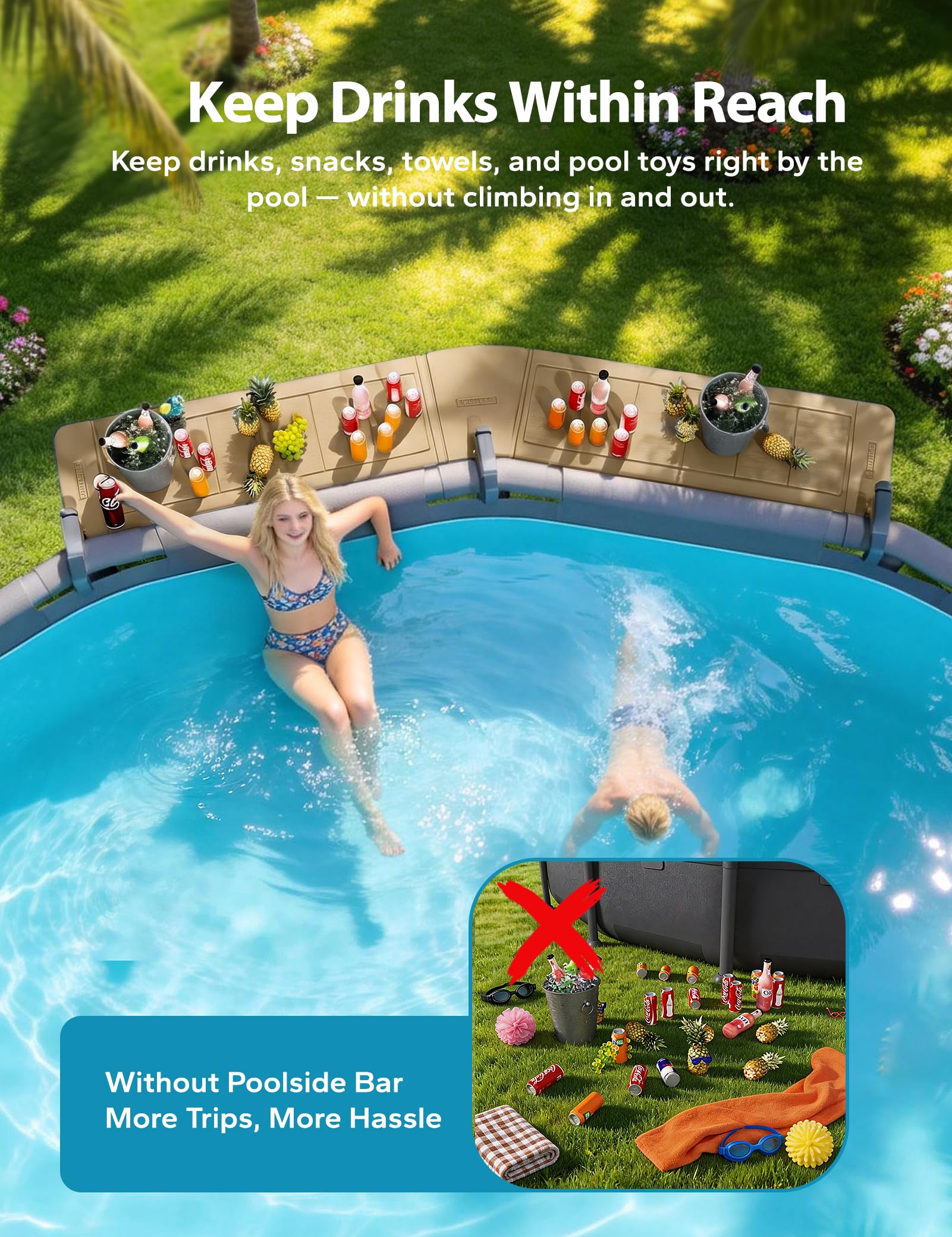POOLHACKER installed on round above-ground pool showing convenient reach for swimmers