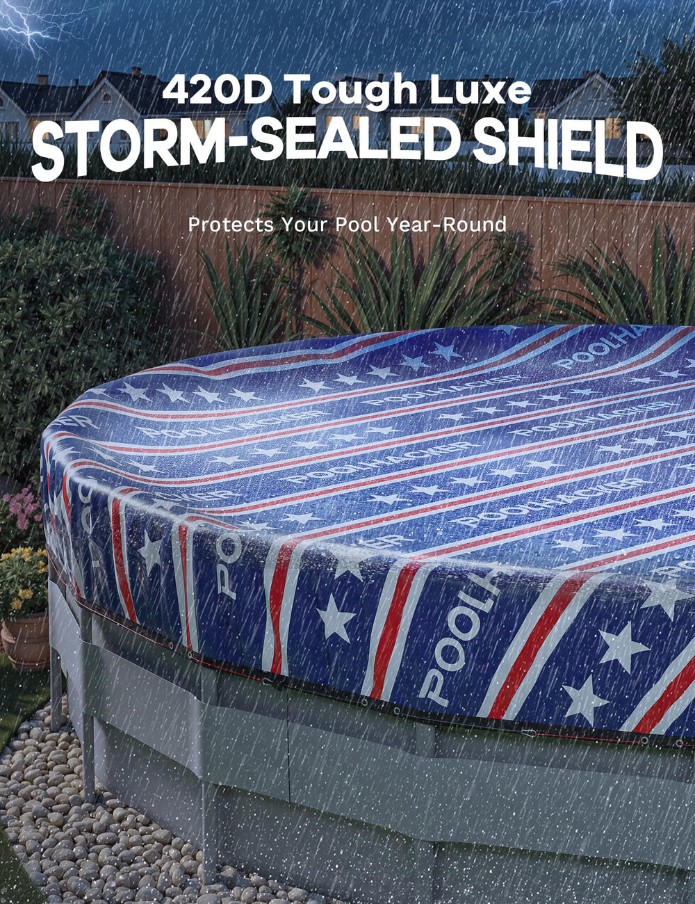 POOLHACKER cover installed on above-ground pool protecting water