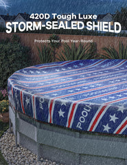 POOLHACKER cover installed on above-ground pool protecting water