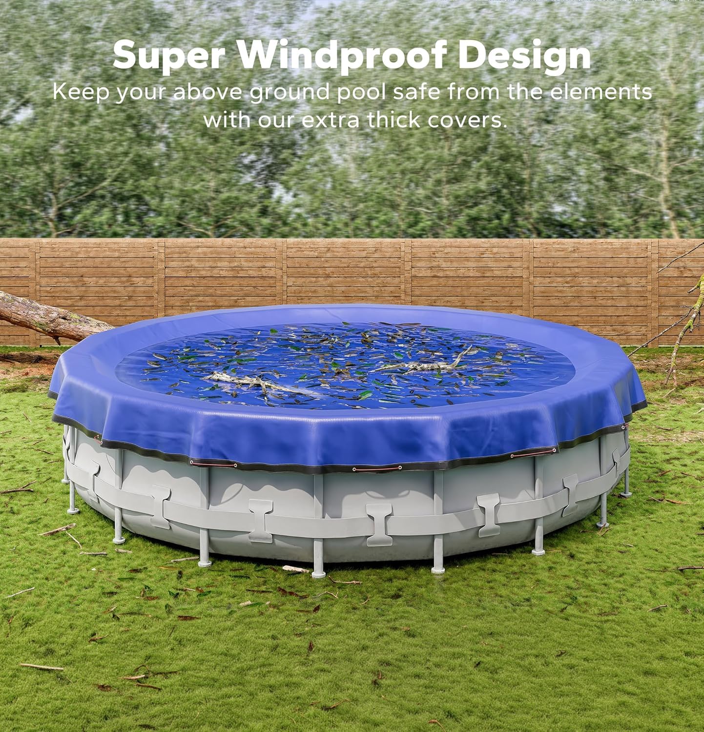 POOLHACKER cover installed on above-ground pool protecting water