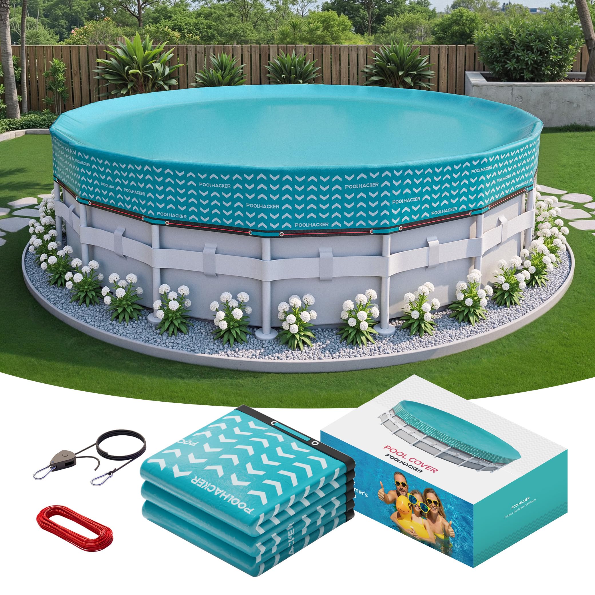 POOLHACKER front view of 21 ft winter cover showing secure fit and protection