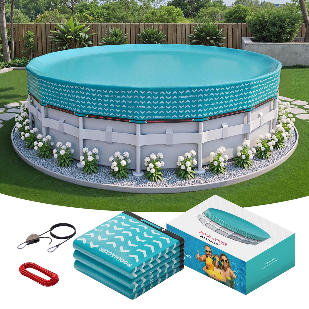 POOLHACKER front view of 21 ft winter cover showing secure fit and protection