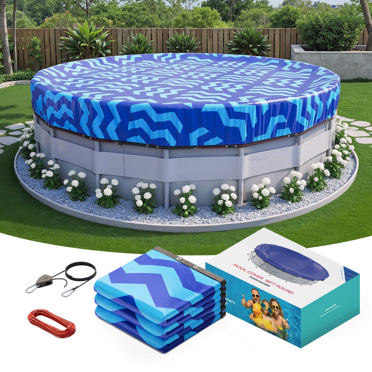POOLHACKER front packaging view showing cerulean cover and included winch for protection