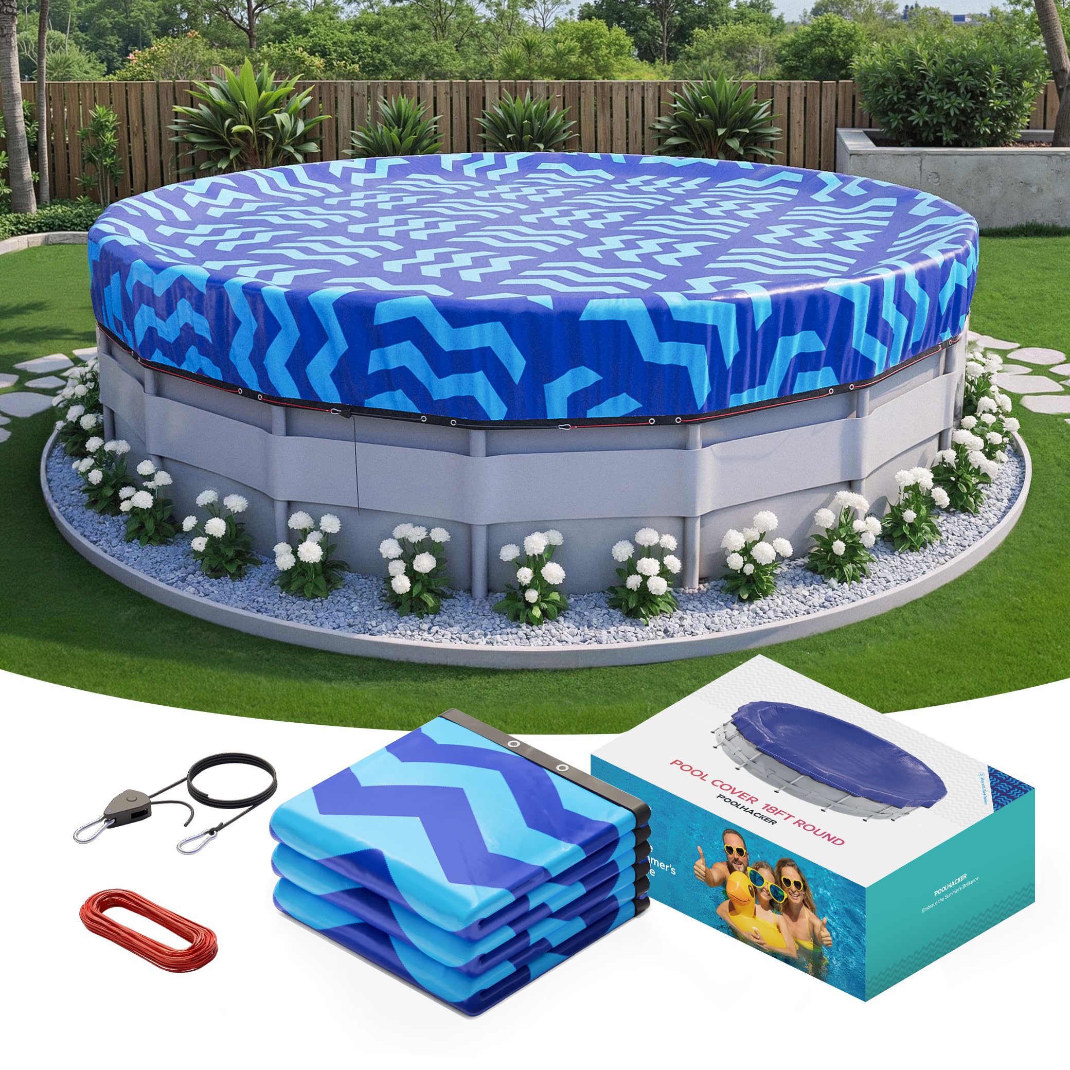 POOLHACKER front packaging showing cerulean 28 ft cover for easy identification and protection