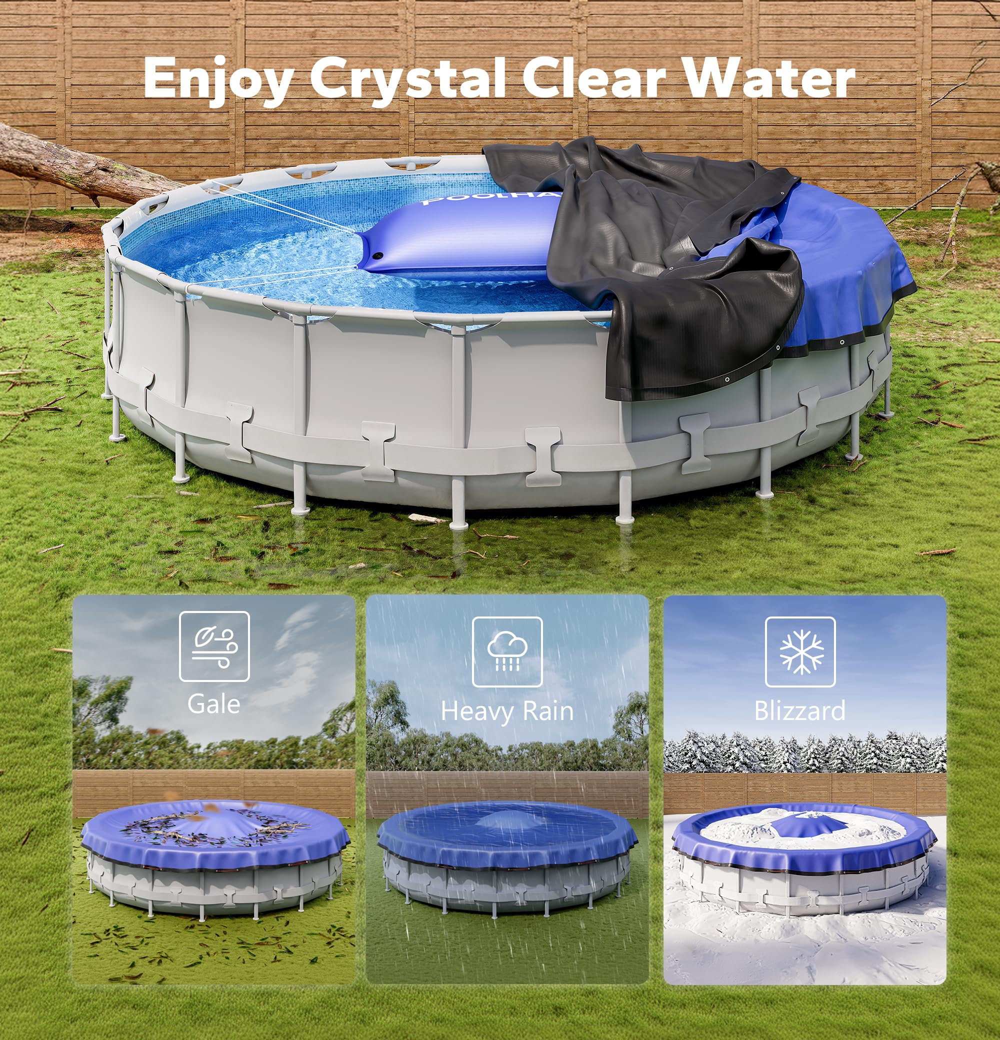 POOLHACKER pillow installed in above-ground pool showing cover support benefit
