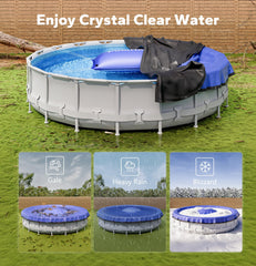 POOLHACKER pillow installed in above-ground pool showing cover support benefit