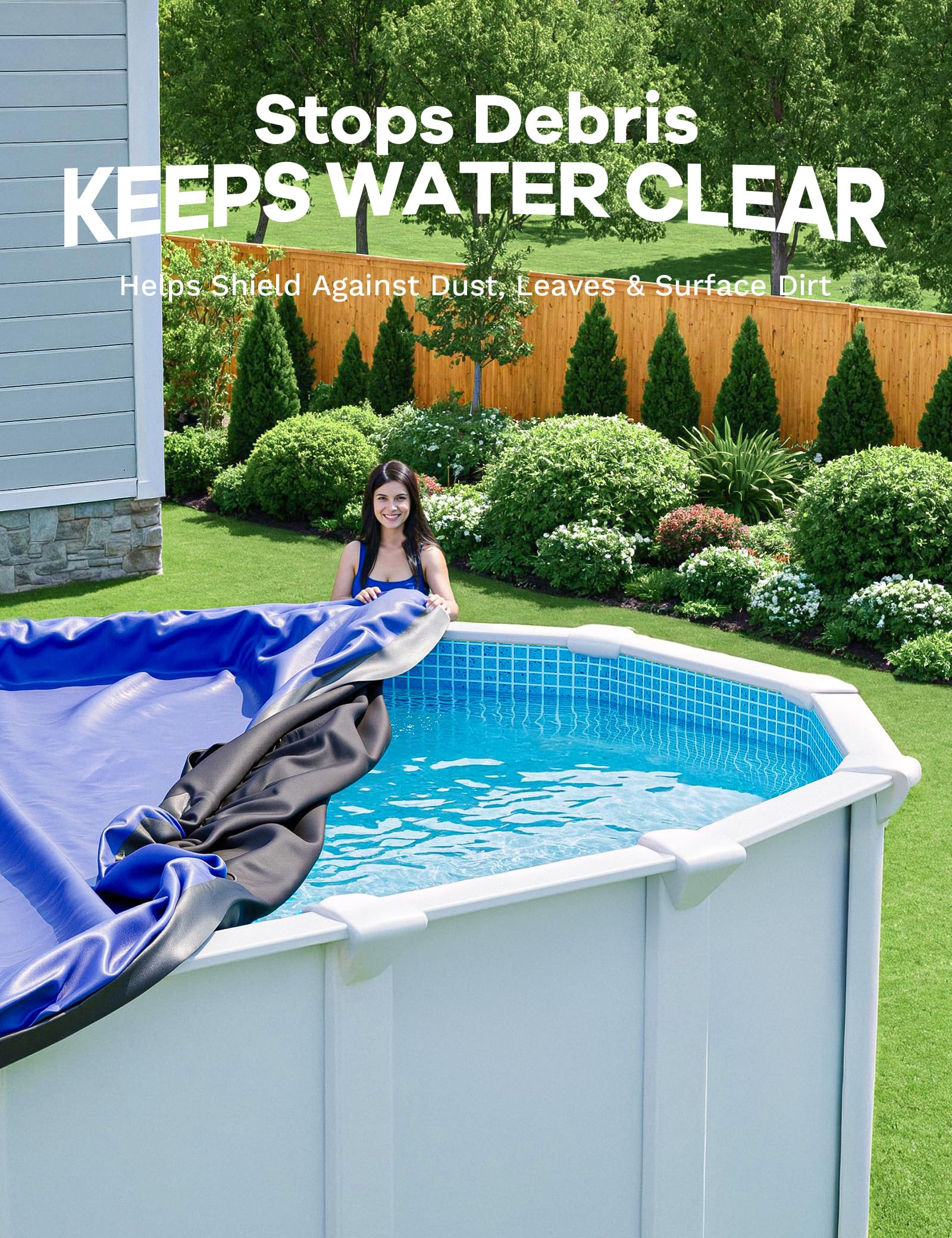 POOLHACKER backyard lifestyle scene showing neat protected pool