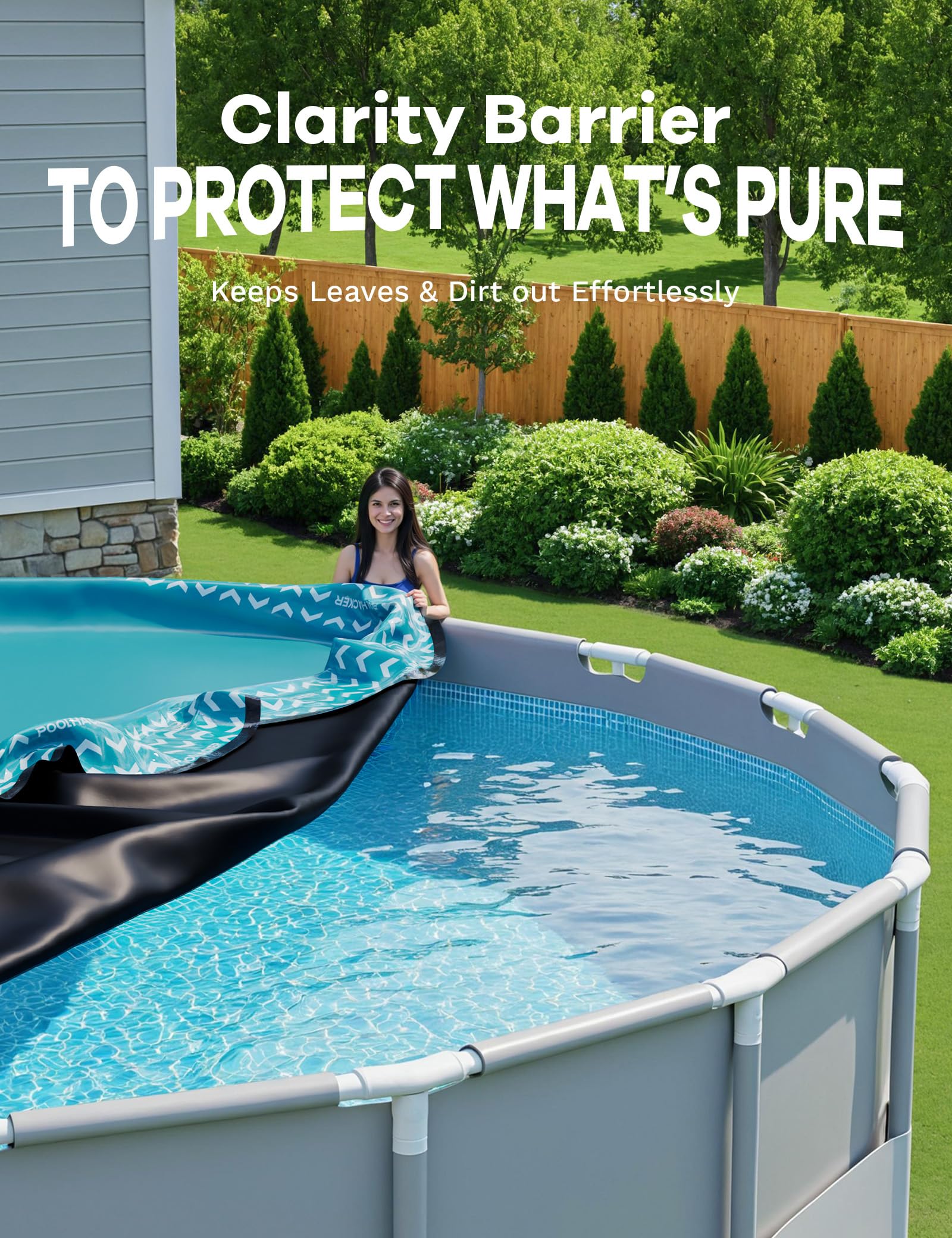 POOLHACKER backyard pool covered in snow illustrating weatherproof, debris-free protection