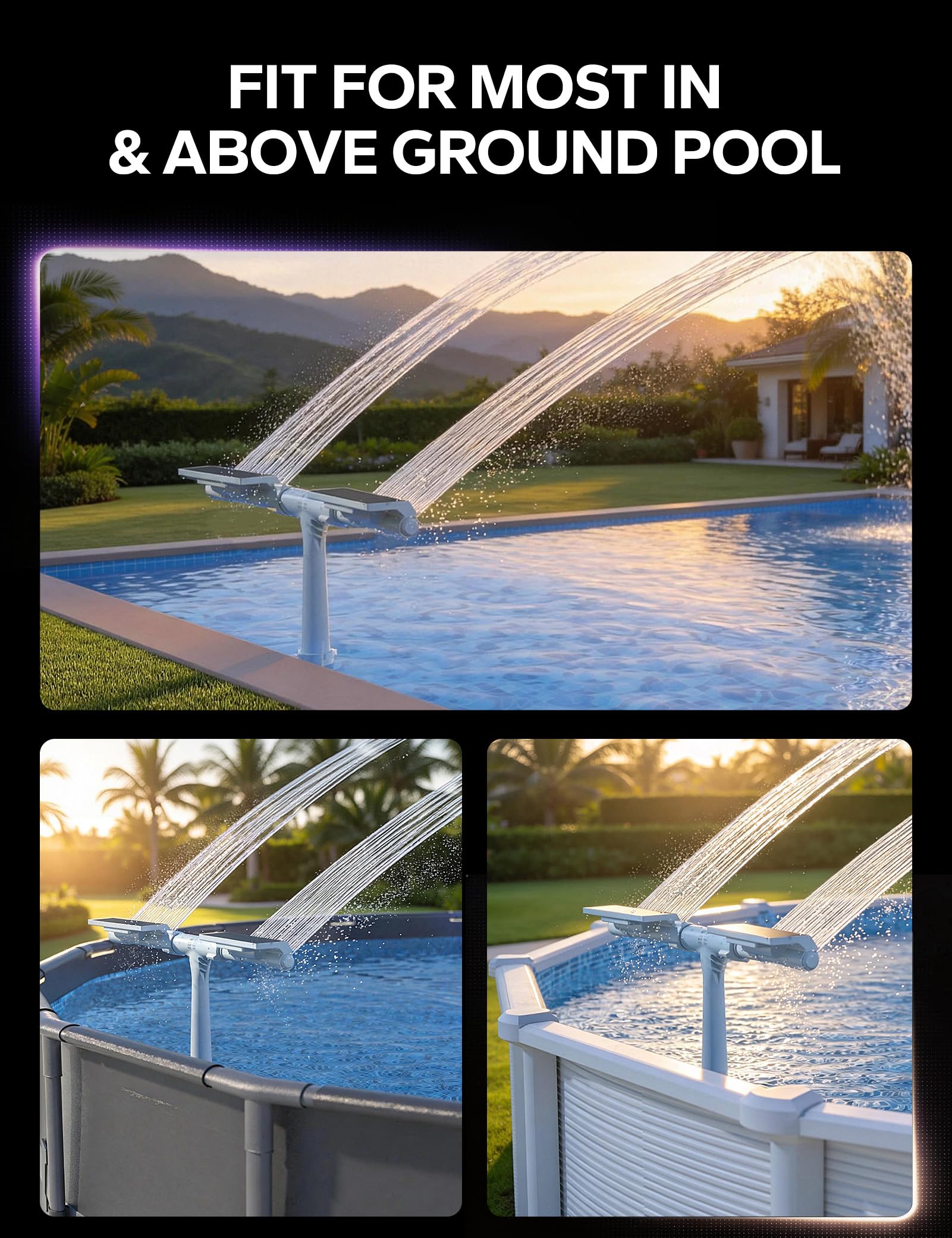 POOLHACKER night shot showing 10-color modes creating mood lighting for gatherings benefit