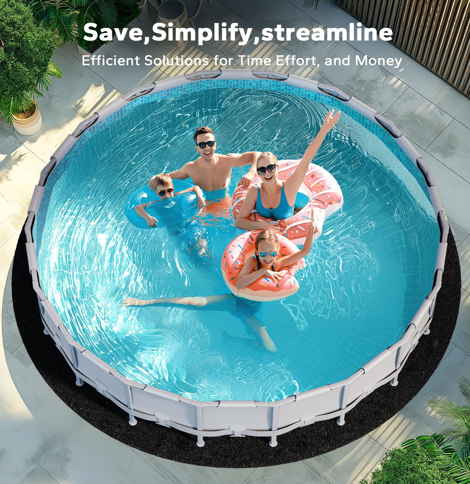 POOLHACKER pad next to measuring tape showing correct 15 ft sizing for easy installation