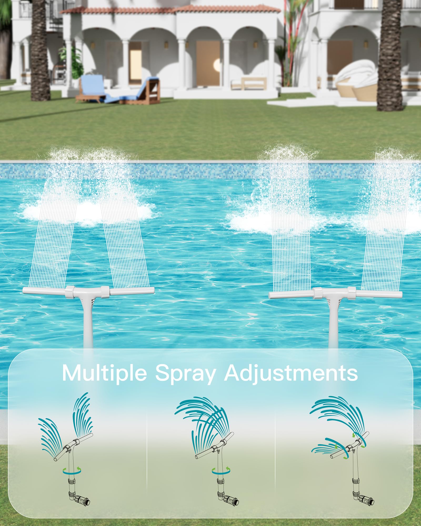 POOLHOUR fountain mounted on an above-ground pool creating decorative spray