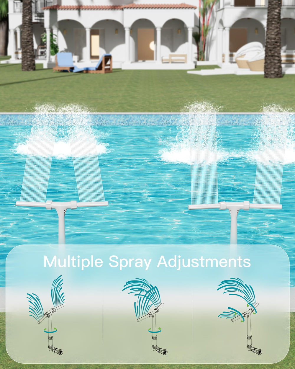 POOLHOUR fountain mounted on an above-ground pool creating decorative spray