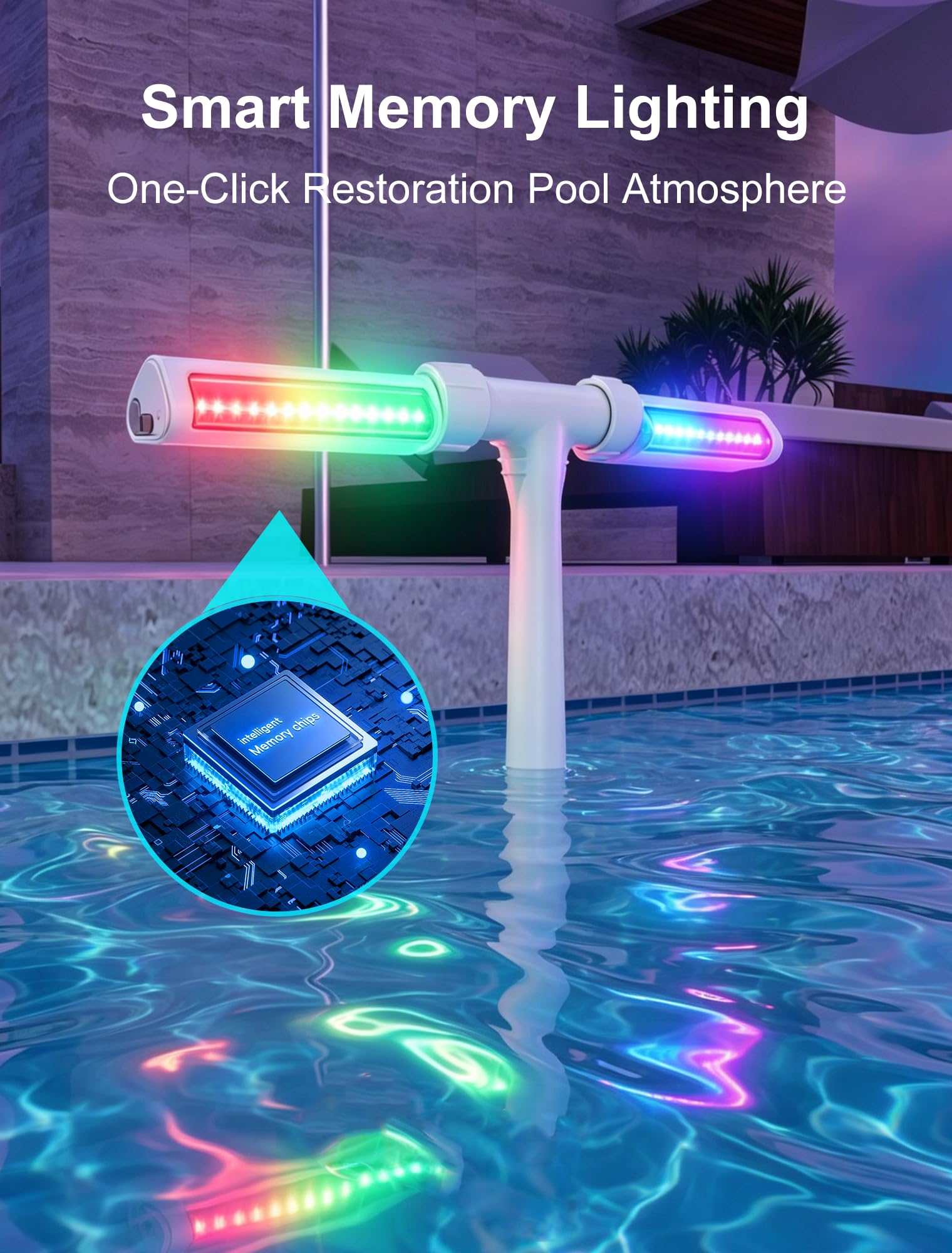 POOLHOUR fountain in-pool at night displaying rainbow lights for dramatic effect
