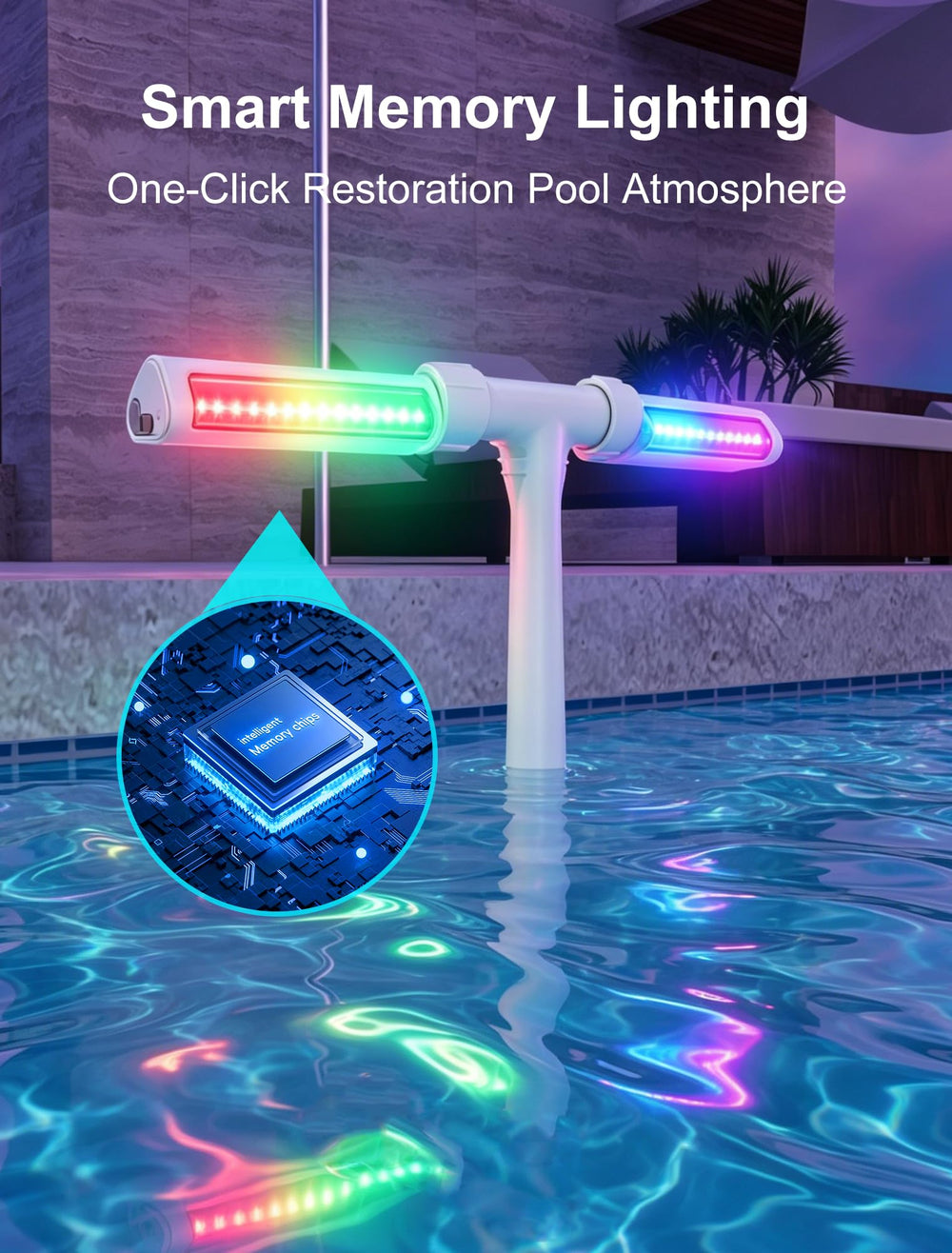 POOLHOUR fountain in-pool at night displaying rainbow lights for dramatic effect