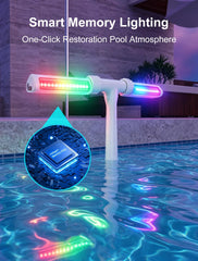 POOLHOUR fountain in-pool at night displaying rainbow lights for dramatic effect