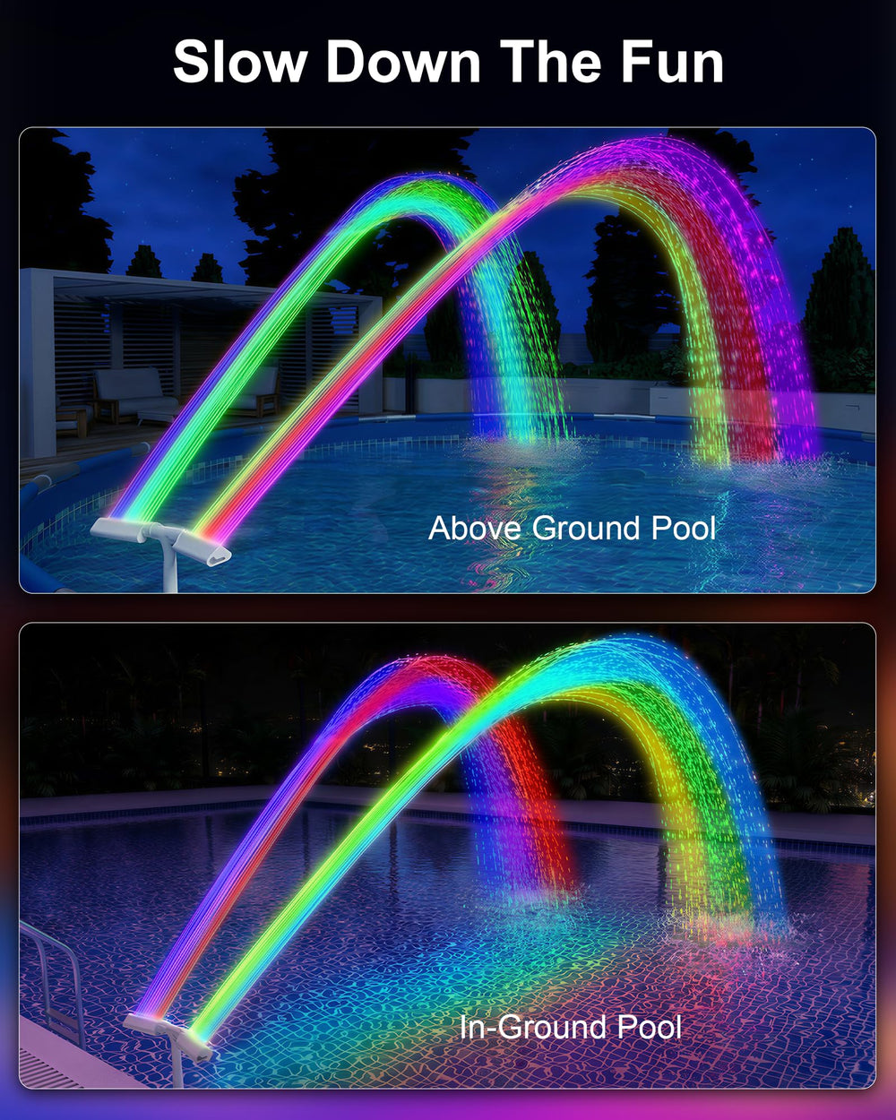 POOLHOUR lifestyle poolside scene showing colorful fountain enhancing evening gatherings