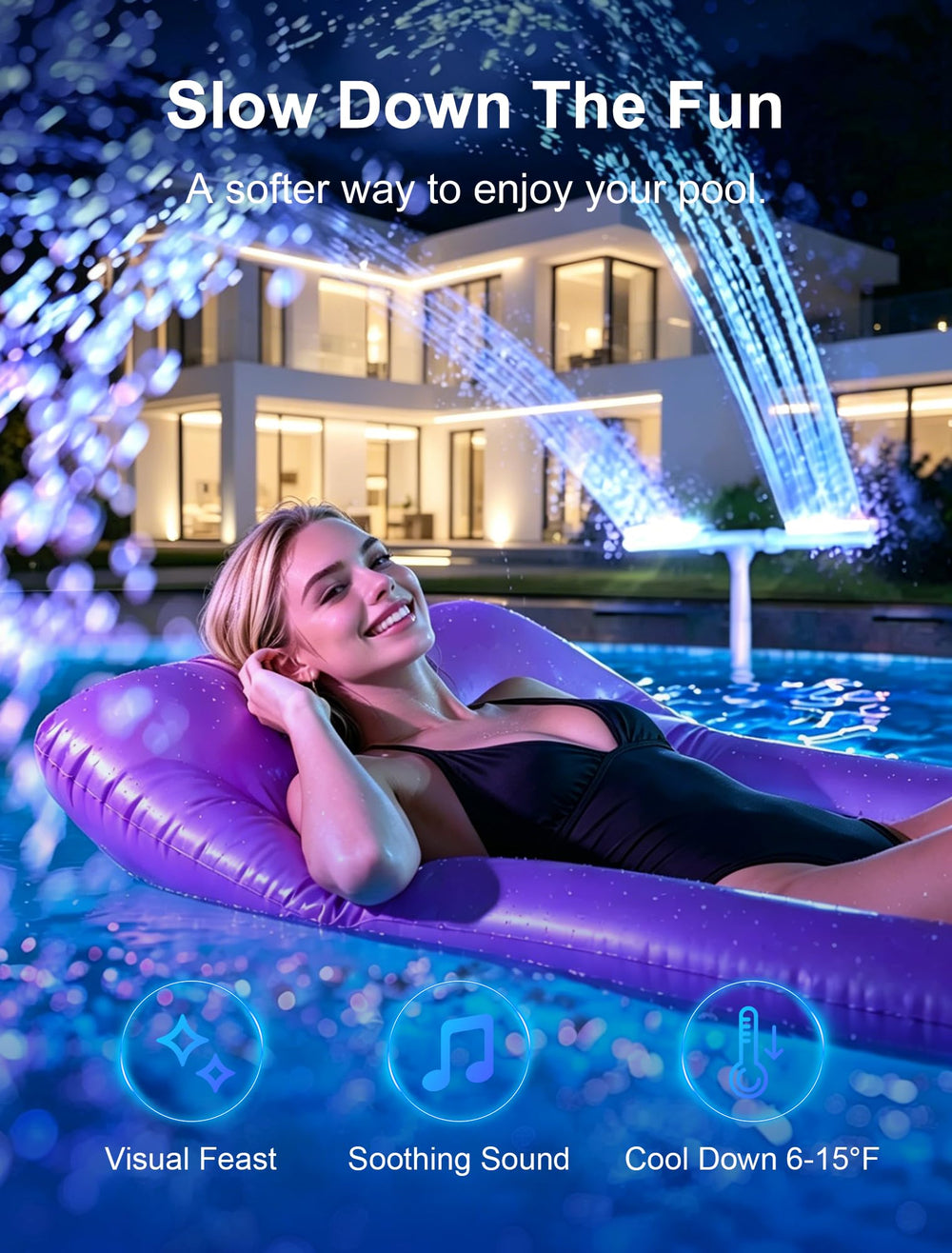 POOLHOUR fountain producing waterfall-mode spray showing surface circulation benefit