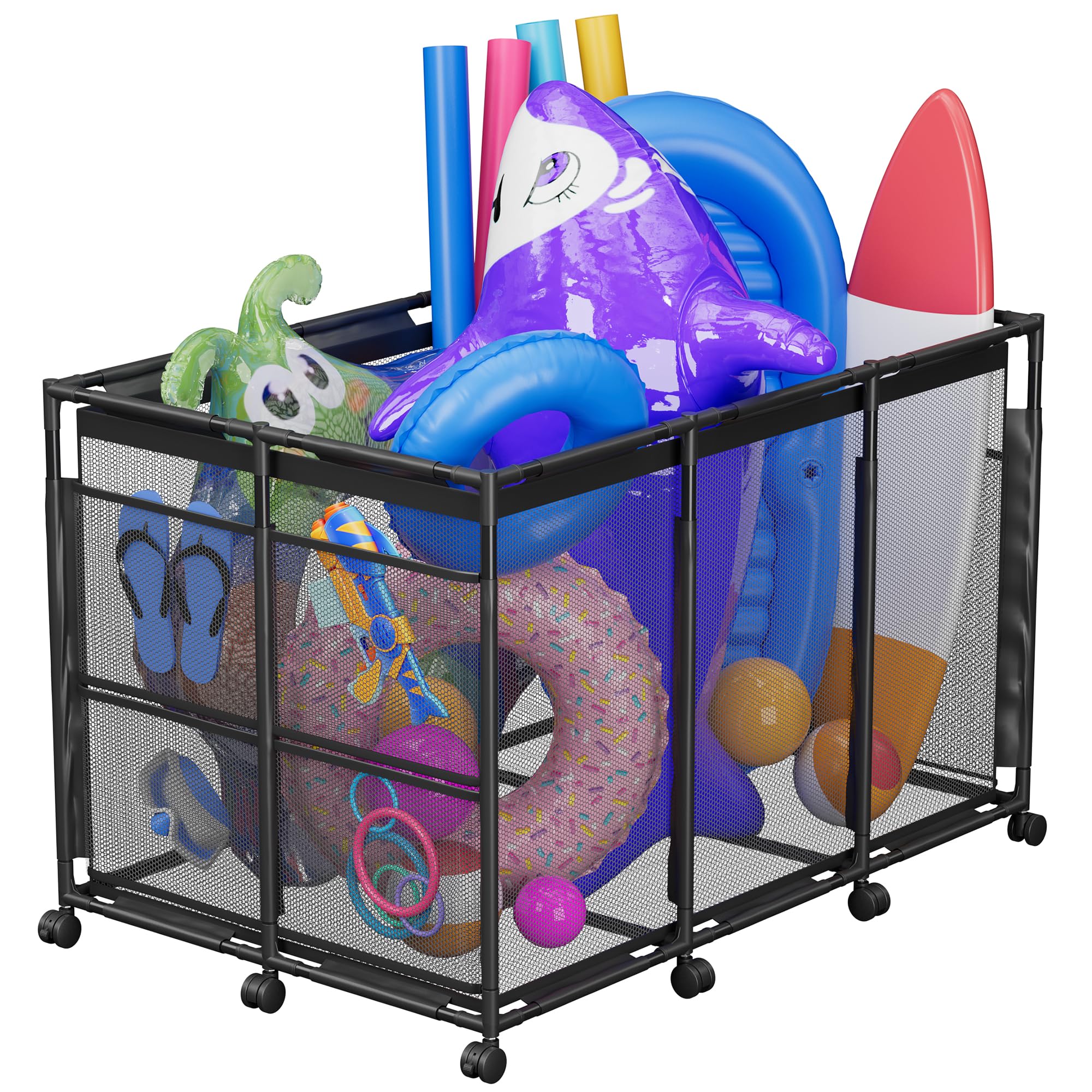 POOLHOUR front view of XXL bin showing capacity and organized floats