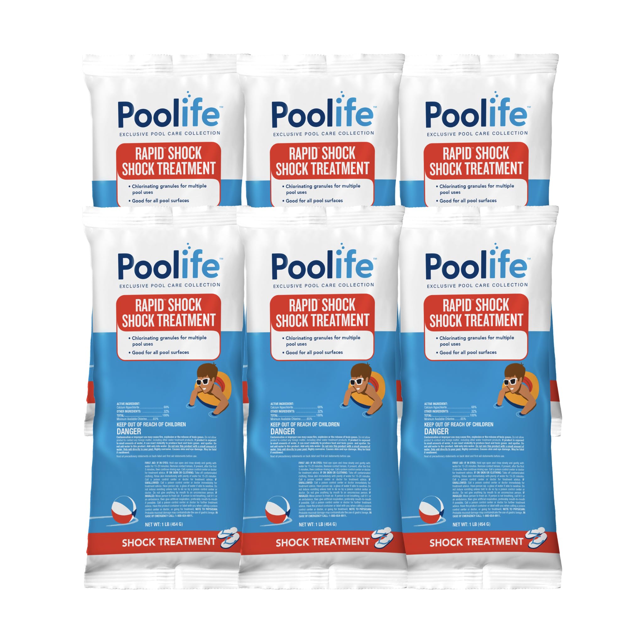 POOLIFE front packaging showing six 1 lb premeasured bags and clear labeling