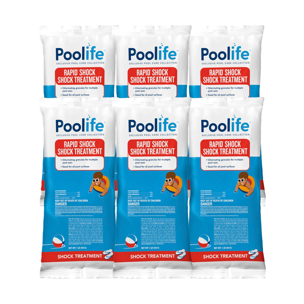 POOLIFE front packaging showing six 1 lb premeasured bags and clear labeling