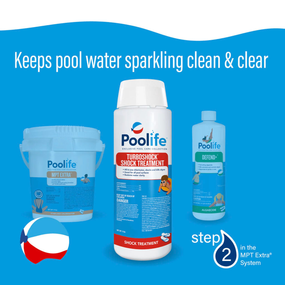 POOLIFE measuring spoon applying granules, highlighting simple dosing and hassle-free use