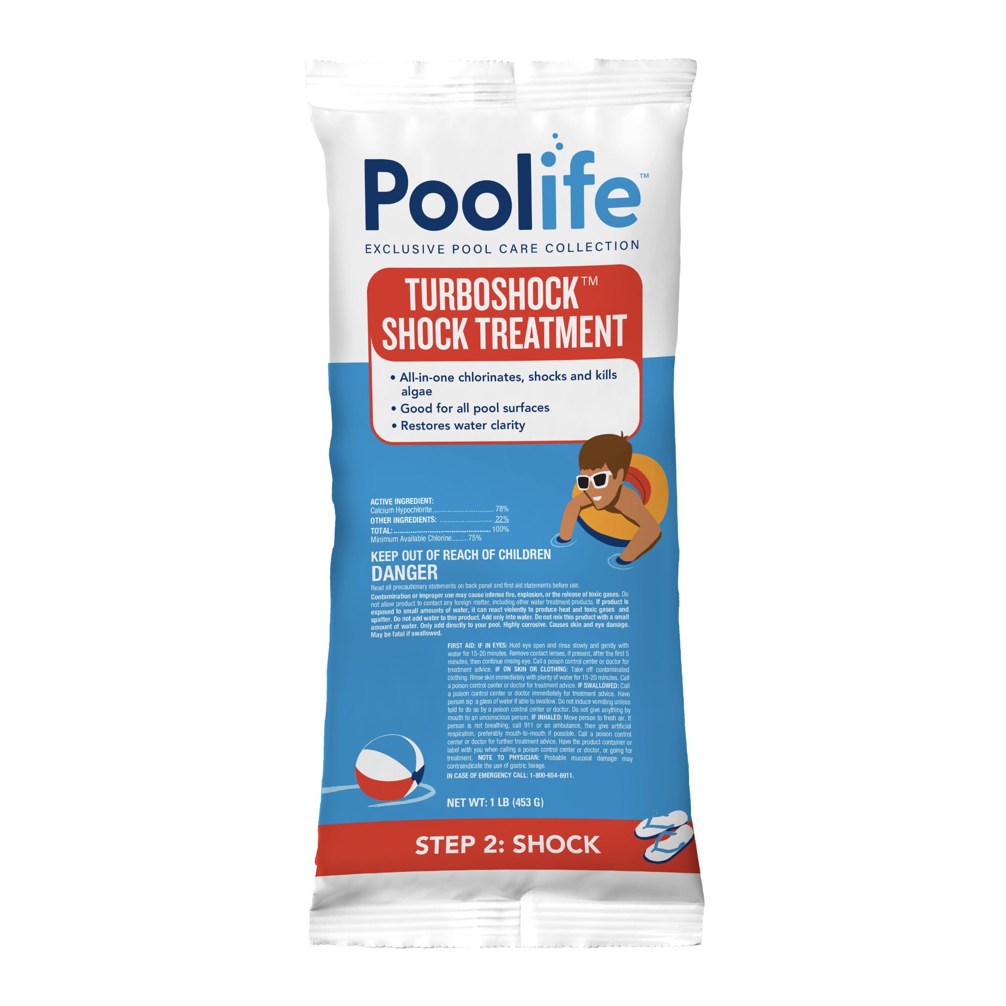 POOLIFE open bag with white granules, illustrating easy handling and no pre-mix benefit
