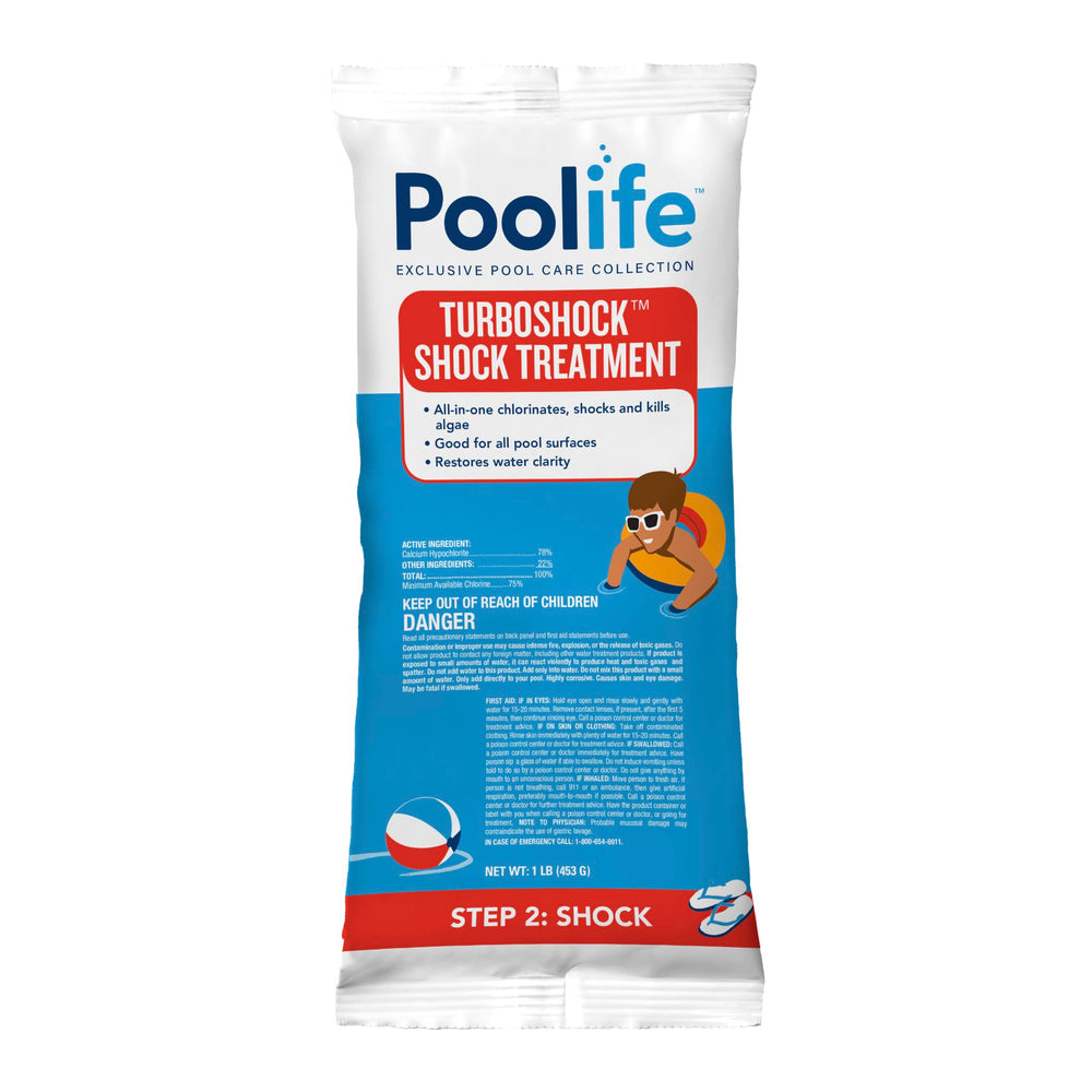 Close-up of a single POOLIFE TurboShock one-pound bag, highlighting convenient pre-measured dosing and ease of use