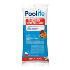Close-up of a single POOLIFE TurboShock one-pound bag, highlighting convenient pre-measured dosing and ease of use