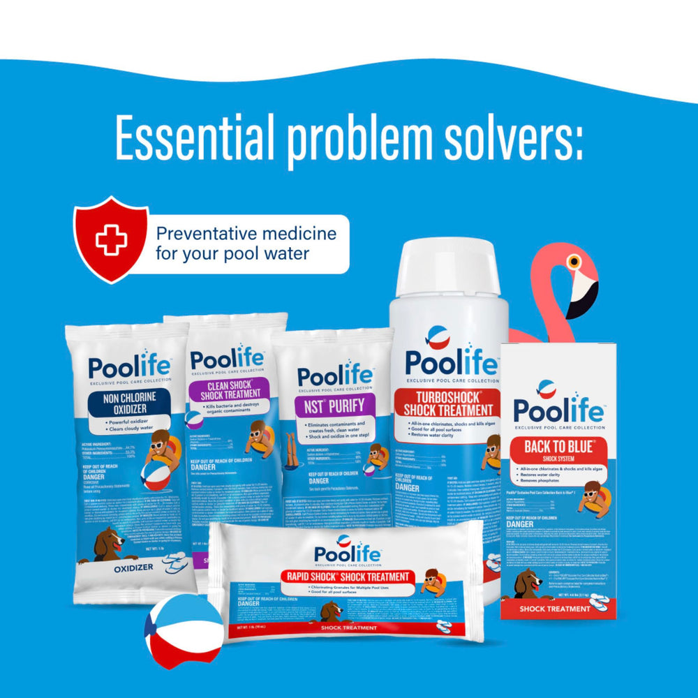 Hand holding POOLIFE TurboShock one-pound bag for scale, showing compact size and portable convenience