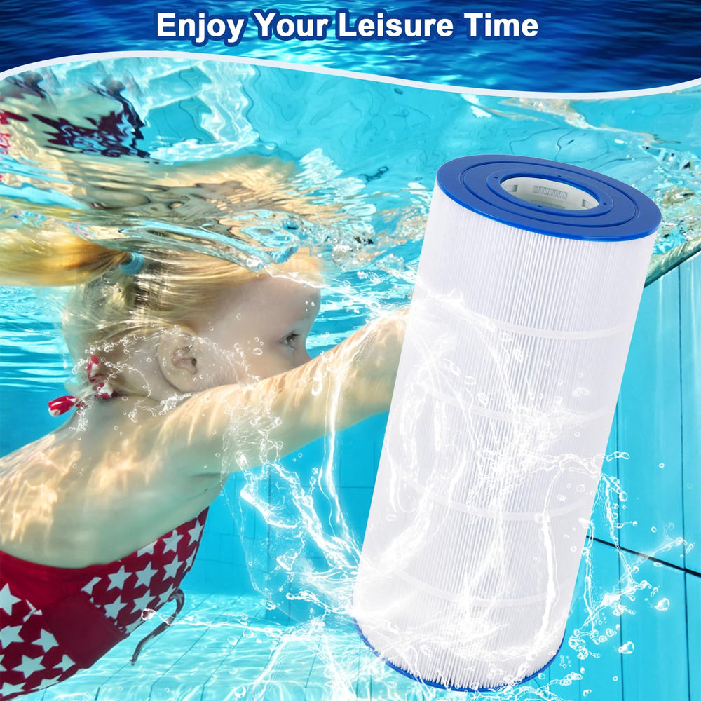 Poolimpid cartridge near a clean pool illustrating clearer water benefit