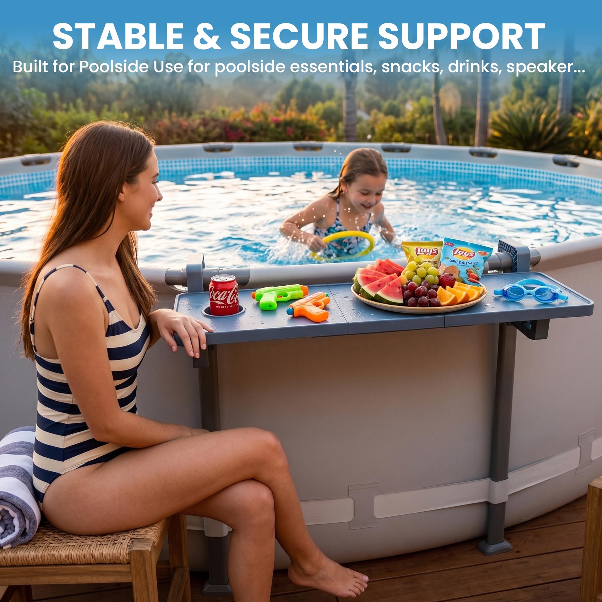 POOLJOYO vista superior de la superficie amplia, organiza bebidas y accesorios