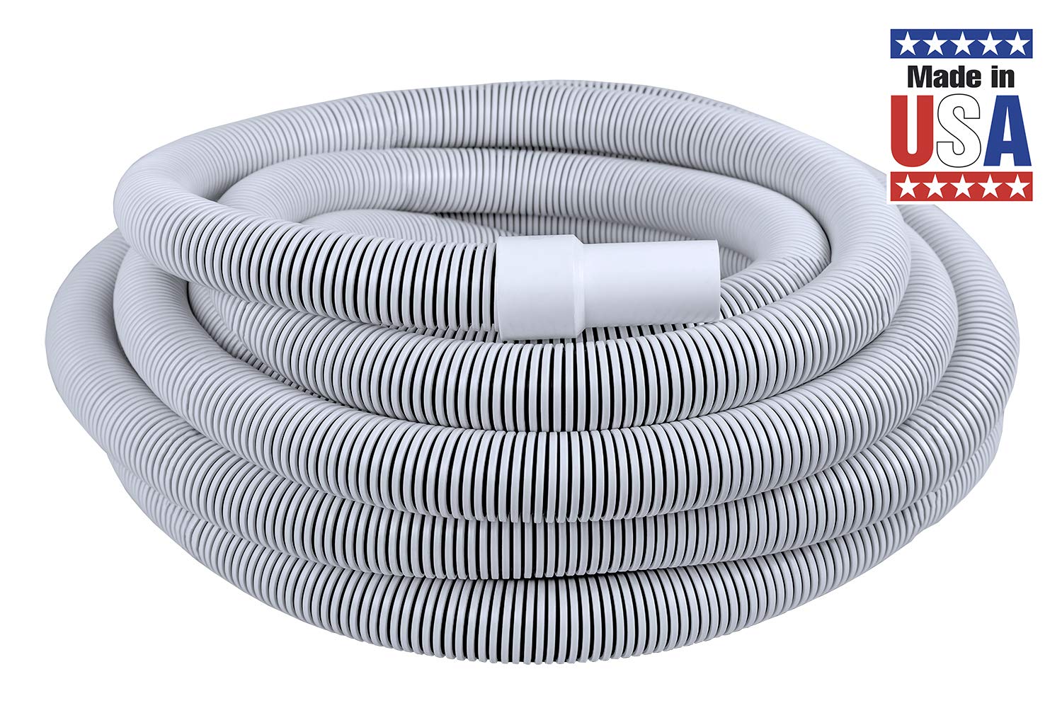 Poolmaster hose coiled next to a tape measure showing the full 45-foot reach